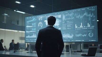 Fototapeta premium Businessman in suit holding digital screen with rising healthcare investment graph, symbolizing growth and financial success in medical sector.