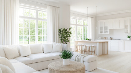 A bright and airy living room features cozy white sectional sofa, natural woven coffee table, and large windows that invite sunlight. minimalist decor creates serene atmosphere