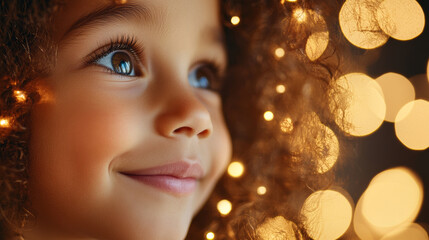 A joyful child with curly hair smiles brightly, illuminated by soft, warm bokeh lights in background, creating magical and enchanting atmosphere