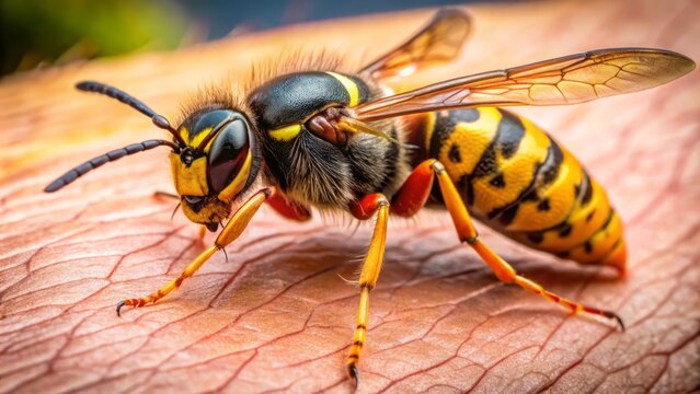 Detailed close-up images showcasing wasp stings on skin, highlighting the accompanying redness and swelling,