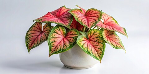 Exotic caladium bicolor leaves in white sugar pot isolated on white background