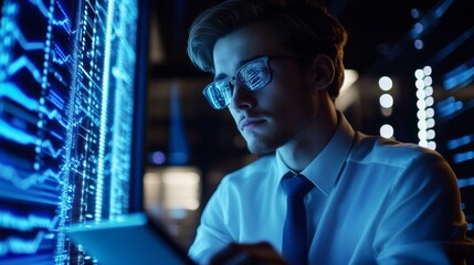 Young man white shirt tie wearing glasses sitting