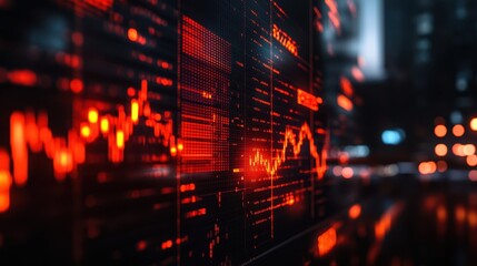 Fototapeta premium Financial chart interface with glowing yellow line graph and data points on a dark background. Concept: Stock market analysis and finance.