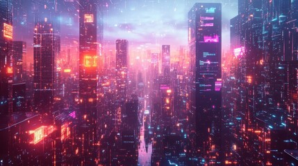 Naklejka premium Aerial view of a futuristic city with neon pink and blue lights illuminating tall skyscrapers. Concept: Cyberpunk cityscape and future technology.