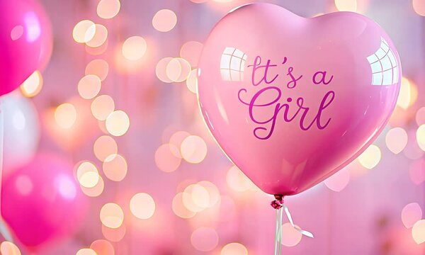 Pink 'It's a Girl' Balloon and Heart Image for Festive Baby Shower Decoration with Softly Focused Background