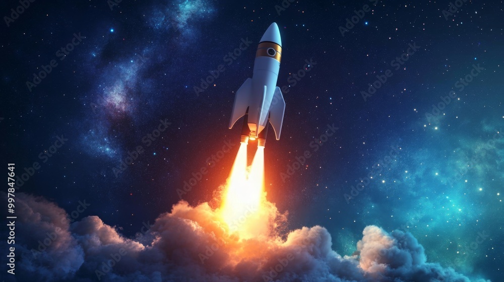 Poster a white rocket with orange flames is launching into space. the rocket is breaking through a layer of