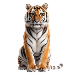 Obraz premium Majestic tiger poised in full front view, showcasing its striking orange and black stripes, fierce gaze, and powerful build, symbolizing strength and grace in nature.