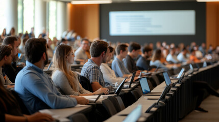 In modern classroom setting, students are engaged in lecture, attentively using laptops for note taking and research. atmosphere is focused and collaborative, highlighting importance of education in t