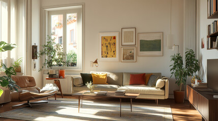Fototapeta premium A cozy living room featuring stylish sofa, armchair, and decorative plants. space is brightened by natural light streaming through large windows, creating warm and inviting atmosphere