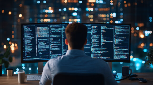 A focused individual is working late at night in front of dual monitors displaying lines of code, surrounded by city skyline illuminated by lights. atmosphere conveys sense of dedication and concentra