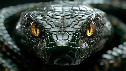 Close-up of a menacing green robotic cobra with glowing yellow eyes, symbolizing danger and technology