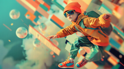 A young child in vibrant streetwear floats in colorful, abstract environment, showcasing playful and adventurous spirit. scene is filled with geometric shapes and bubbles, creating whimsical atmospher