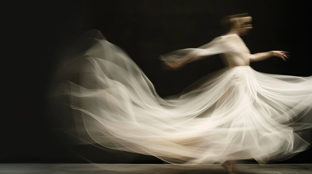 A graceful dancer twirls in flowing white dress, creating mesmerizing blur of movement against dark background. ethereal quality of fabric enhances sense of motion and elegance