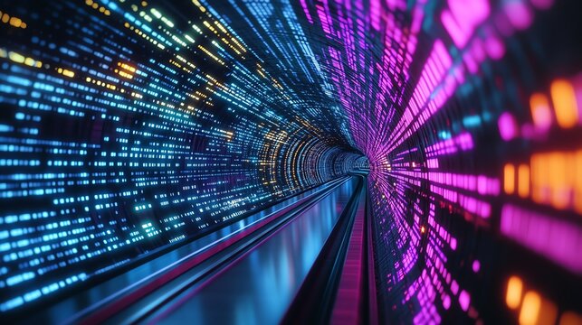 21 An abstract photo of a tunnel where lines of code and pixels intertwine, forming a complex digital convergence