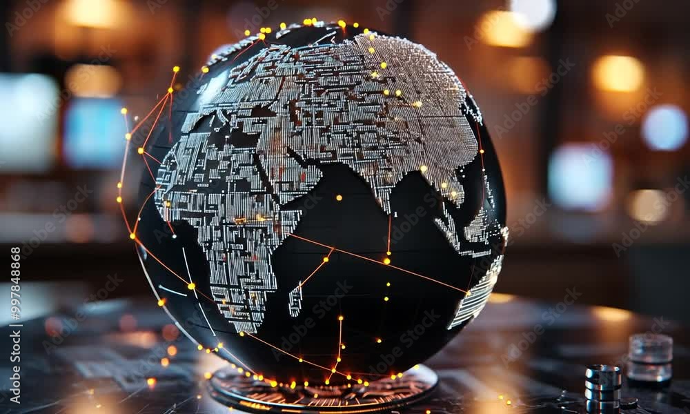 Poster a black globe with glowing lines connecting continents representing a global network or interconnect
