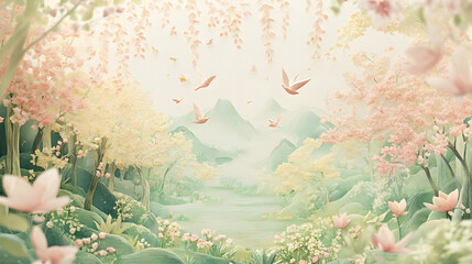 Beautiful spring landscape with blooming pink flowers and green leaves under a bright blue sky