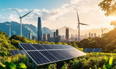 Beautiful landscape city mountain range background sky is Futuristic Renewable Energy: Wind