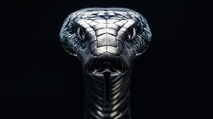 Metallic cobra with silver scales, staring directly ahead, futuristic and intimidating