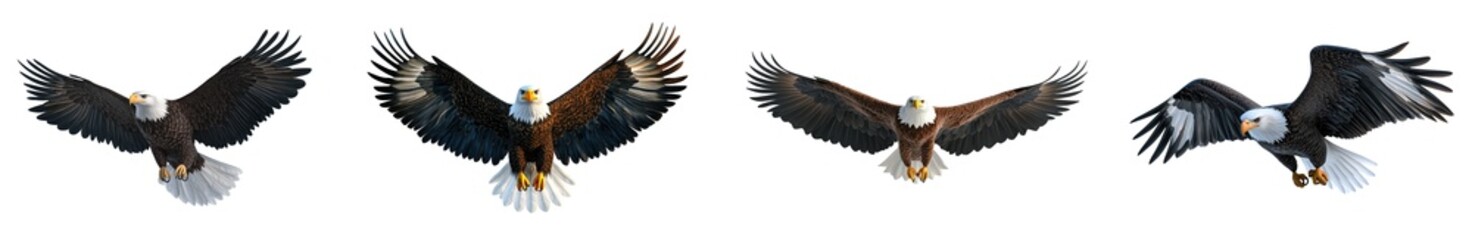 Fototapeta premium Bald eagle soaring with wings fully extended, isolated on a transparent background. Ideal for nature lovers and wildlife photographers, symbolizing freedom and strength.