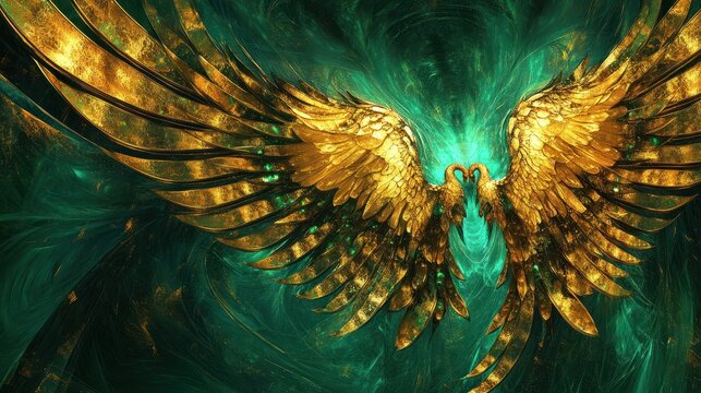 Angelic abstract motif in emerald gold color. Background colors with healing emerald and Archangel Raphael wings.