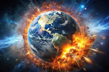 Obraz premium Explosion of planet earth in wide-angle view suitable for dynamic or post-apocalyptic scenes
