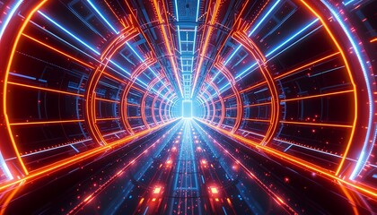Fototapeta premium Modern Digital Art with Glowing Blue-Orange Linear Structures and Shimmering Particle Effects