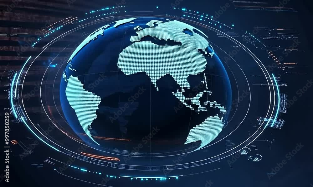 Poster a digital globe with a blue light effect and data trails in the background.