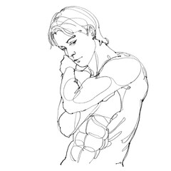 Nude male figure, contour drawing for graphic design.