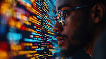 Programmer Working Late at Night   Closeup of Face with Colorful Code Reflection in Glasses