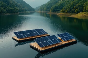 Floating solar panels on a calm lake, generating renewable electricity, renewable resources, water-based solar power