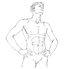 Fototapeta premium Nude male figure, contour drawing for graphic design.