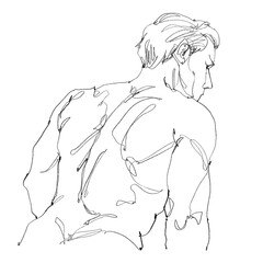 Nude male figure, contour drawing for graphic design.