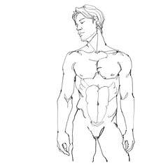 Nude male figure, contour drawing for graphic design.
