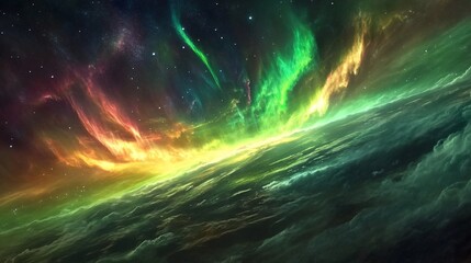 A vibrant green, yellow, and red aurora borealis illuminates the sky above a planet.