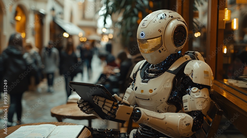 Aufkleber futuristic robot using tablet computer in city cafe