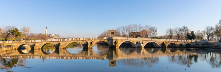 Fototapeta premium Tunca bridge over Tunca river and Selimiye Mosque in Edirne