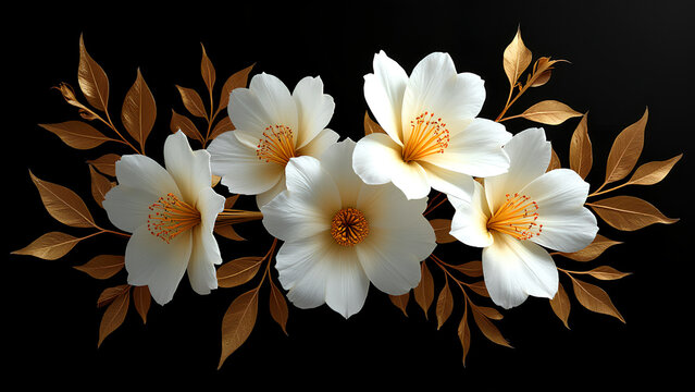 Stunning white flowers and golden leaves on a black background Gorgeous white and golden and black luxury floral background