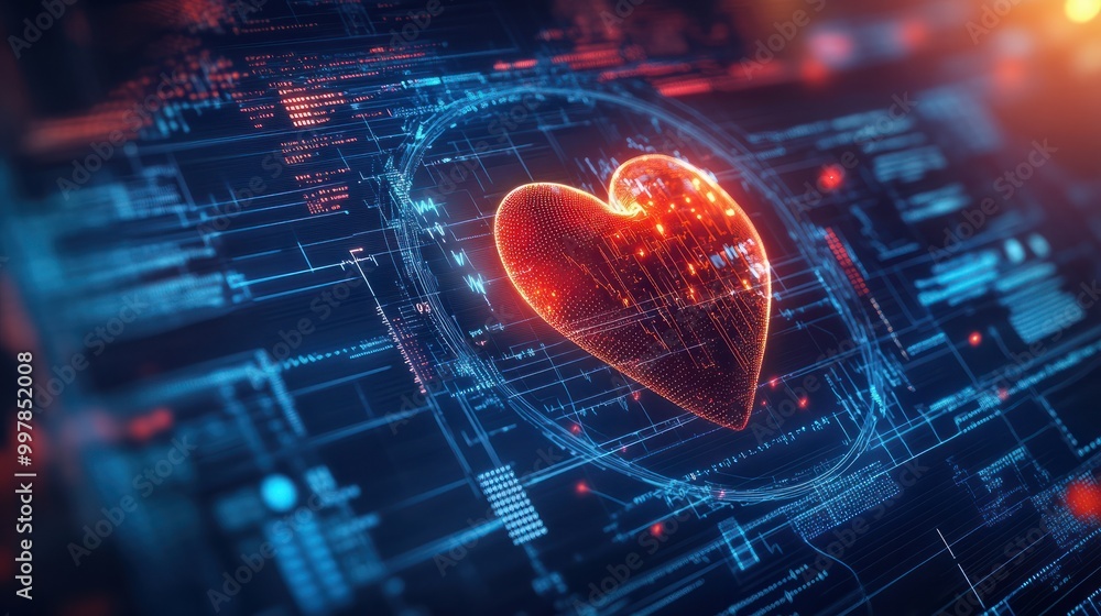 Poster energetic heartbeat on tech interface, vibrant representation of a heartbeat pulses across a high-te