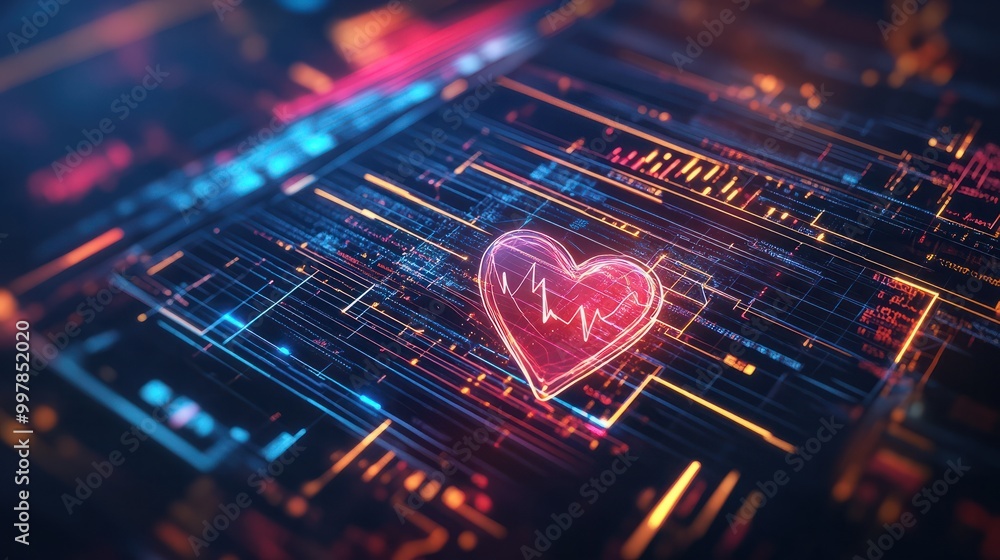 Poster energetic heartbeat on tech interface, vibrant representation of a heartbeat pulses across a high-te