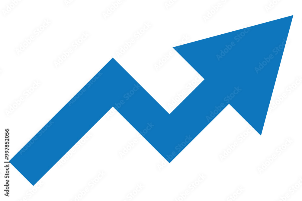 Poster long arrow growing pointing up on chart graph bars icon, success graph trending upwards flat design 