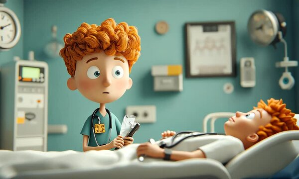 A young cartoon doctor in a green scrubs checks on a patient in a hospital bed.