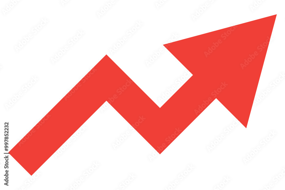 Poster long arrow growing pointing up on chart graph bars icon, success graph trending upwards flat design 