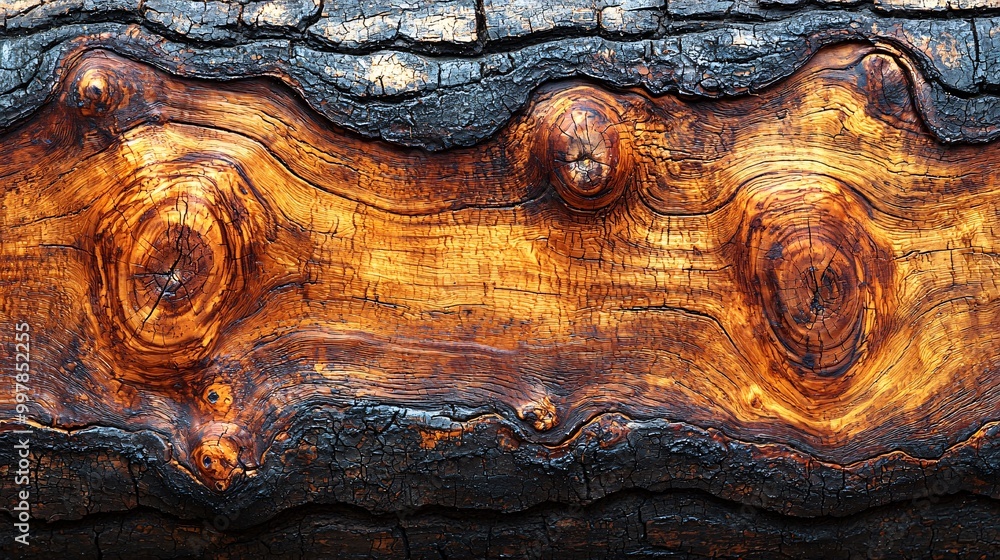 Poster burnt tree bark texture with knots and grain patterns