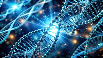 Extreme close-up abstract DNA strands intertwined with technological elements in sci-fi genetic advancements
