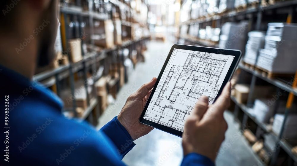 Poster hands architect and tablet for blueprint in logistics warehouse for building design and expansion co