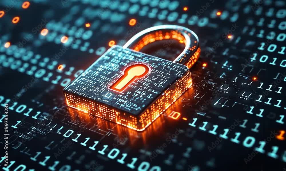 Poster metallic padlock with glowing keyhole on a black background with glowing binary code.