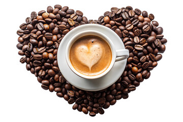 Coffee on a white plate with heart shape top of it, coffee beans scatted out of the plate on white or transparent background.
