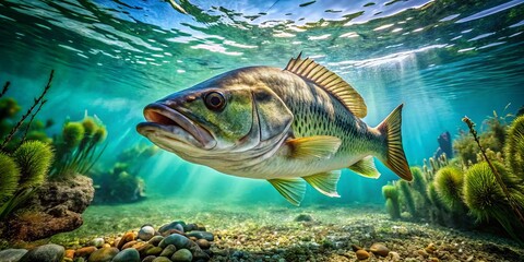 Naklejka premium Lively bass gliding through pristine waters, captured beautifully in stunning underwater photography that resonates