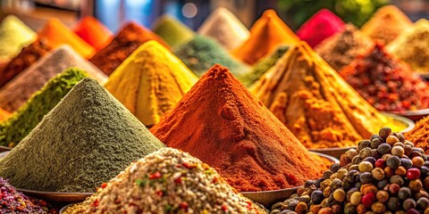 Extreme close-up bulk mix of spices resembling a mountain in spice bazaar background