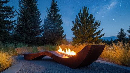 A modern fire pit area with sculptural metal seating, set against a backdrop of tall, whispering pines and under clear starry skies